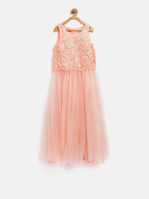

Biba Girls Peach-Coloured Self Design Layered Net Maxi Dress