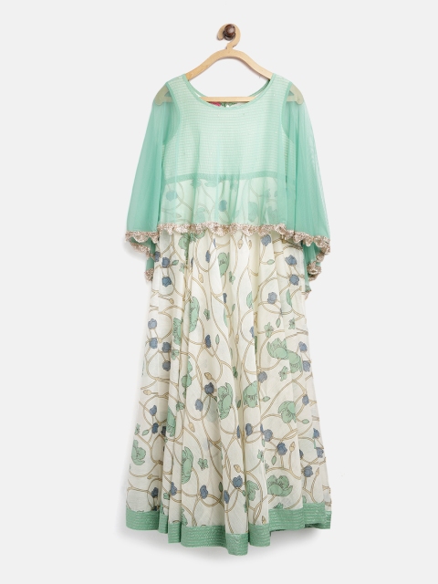 

Biba Girls Off-White & Sea Green Printed Layered Empire Maxi Dress