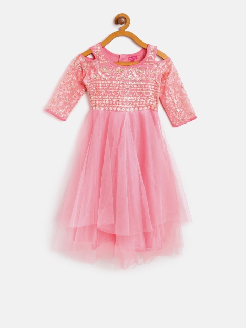 

Biba Girls Pink Sequinned Cold Shoulder Net Fit & Flare Dress