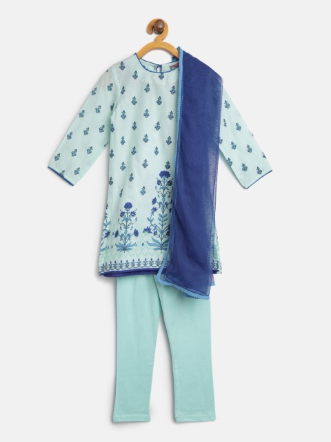 

Biba Girls Blue Printed Kurta with Churidar & Dupatta
