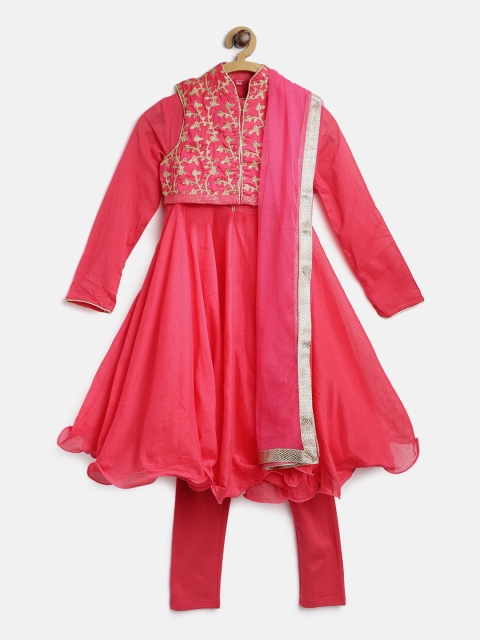 

Biba Girls Pink & Solid Kurta with Ethnic Jacket Churidar & Dupatta
