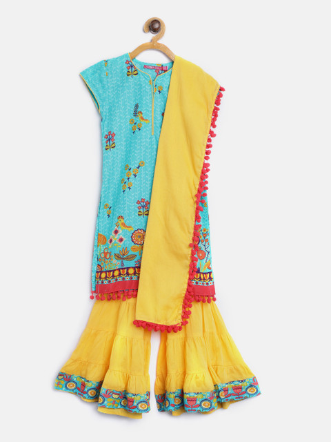 

Biba Girls Blue & Yellow Printed Kurta with Sharara & Dupatta
