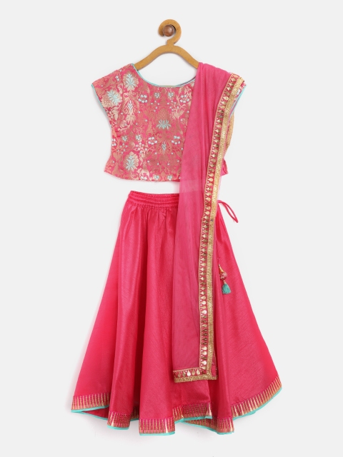 

Biba Girls Pink & Golden Woven Design Ready to Wear Lehenga & Blouse with Dupatta