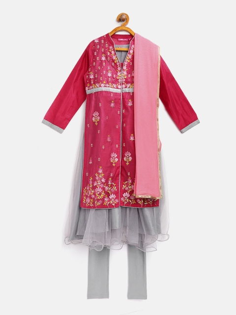 

Biba Girls Pink & Grey Embroidered Layered Kurta with Churidar & Dupatta