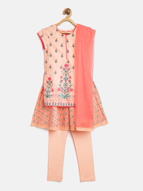 

Biba Girls Peach-Coloured Printed Kurta with Churidar & Dupatta