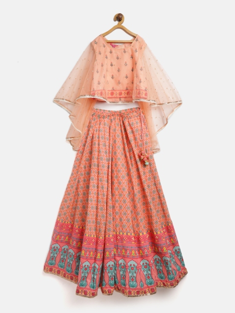 

Biba Peach-Coloured & Blue Printed Ready to Wear Lehenga with Blouse