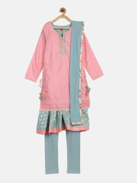 

Biba Girls Pink & Blue Layered Kurta with Churidar & Dupatta
