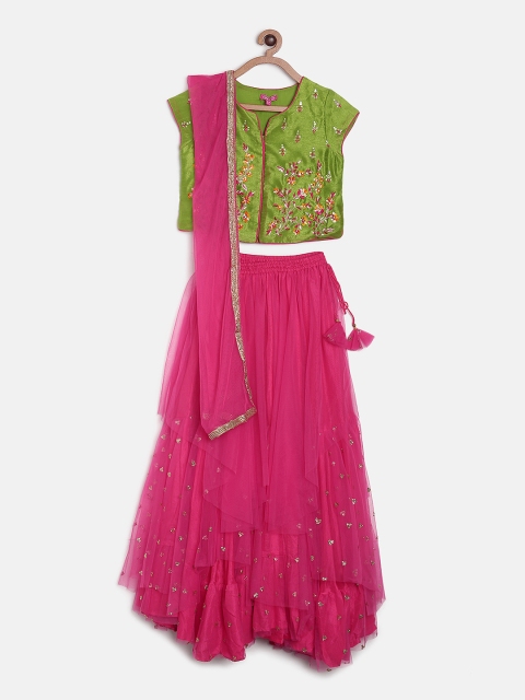 

Biba Girls Green & Pink Embroidered Ready to Wear Lehenga & Blouse with Dupatta