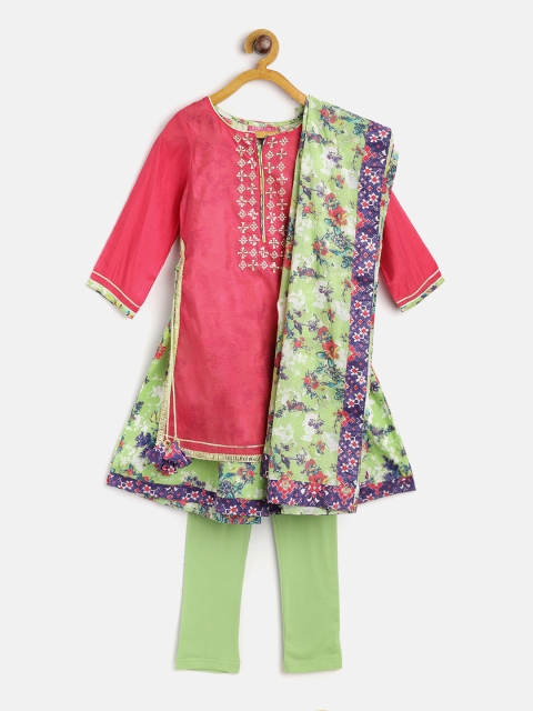 

Biba Girls Pink & Green Solid Kurta with Churidar Leggings & Dupatta