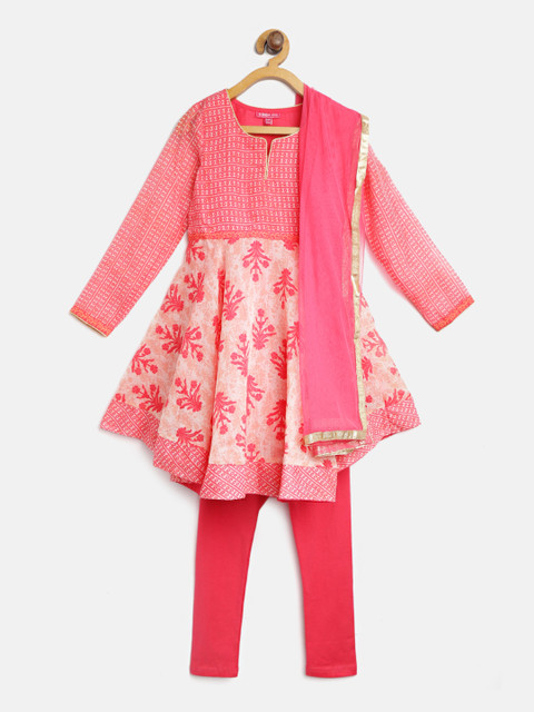 

Biba Girls Pink Printed Kurta with Churidar & Dupatta