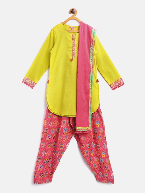 

Biba Girls Lime Green & Pink Solid Kurta with Salwar & Dupatta