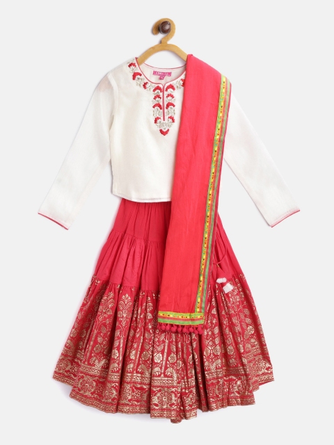 

Biba Girls Red & Off-White Embroidered Ready to Wear Pattu Pavadai with Dupatta