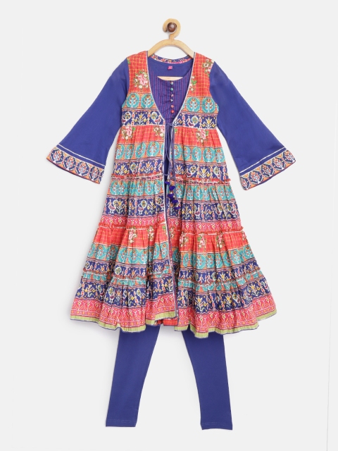 

Biba Girls Orange & Navy Blue Printed Layered Anarkali Kurta with Churidar