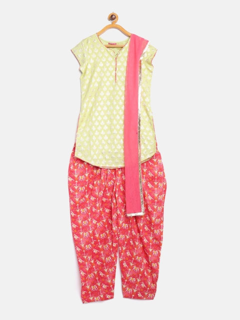 

Biba Girls Lime Green & Pink Self Design Kurta with Salwar & Dupatta