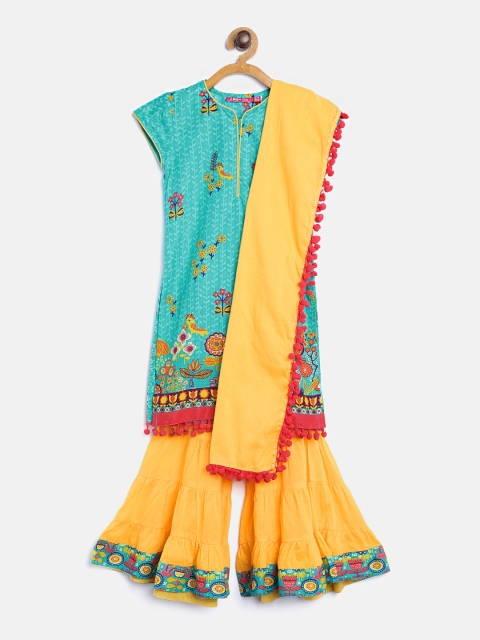 

Biba Girls Blue & Yellow Printed Kurta with Sharara & Dupatta