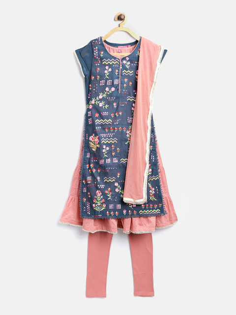 

Biba Girls Blue & Pink Embroidered Layered Kurta with Churidar & Dupatta