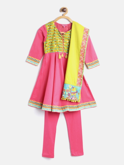 

Biba Girls Pink & Green Printed Kurta with Churidar & Dupatta