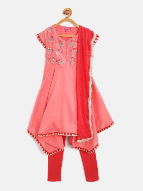 

Biba Girls Peach-Coloured & Red Yoke Design Kurta with Churidar & Dupatta