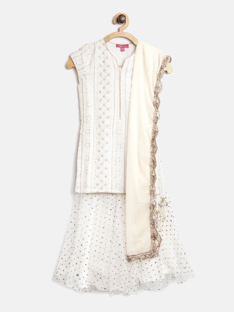 

Biba Girls Off-White & Gold-Toned Embroidered Sequinned Kurta with Skirt & Dupatta