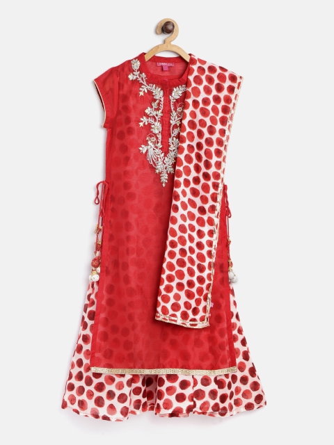 

Biba Girls Off-White & Blue Printed Layered A-Line Kurta with Dupatta, Red