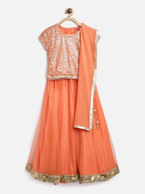 

Biba Girls Orange & Golden Solid Ready to Wear Lehenga & Blouse with Dupatta