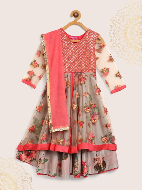 

Biba Girls Taupe & Coral Pink Floral Print Anarkali Kurta with Dupatta