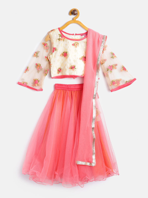 

Biba Girls Coral Pink & Cream-Coloured Ready to Wear Lehenga & Blouse with Dupatta
