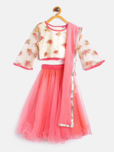 

Biba Girls Pink & Off-White Ready to Wear Lehenga & Blouse with Dupatta