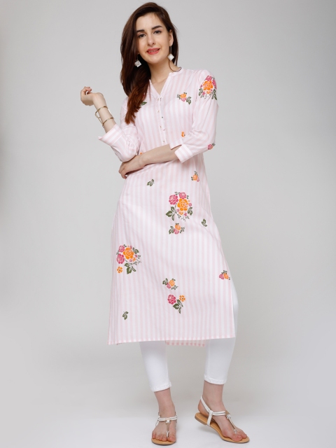 

Vishudh Women White & Rose Striped Straight Kurta