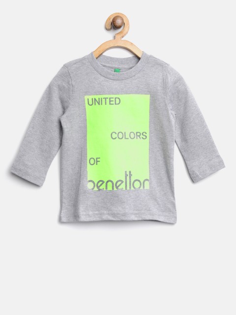 

United Colors of Benetton Boys Grey Melange & Fluorescent Green Printed Round Neck T-shirt
