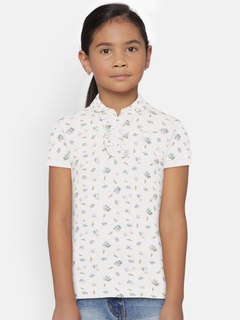 

United Colors of Benetton Girls Off-White Floral Print Club Collar T-shirt