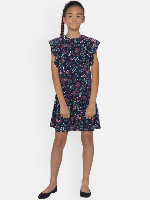 

United Colors of Benetton Girls Navy Blue & Green Floral Print Drop-Waist Dress