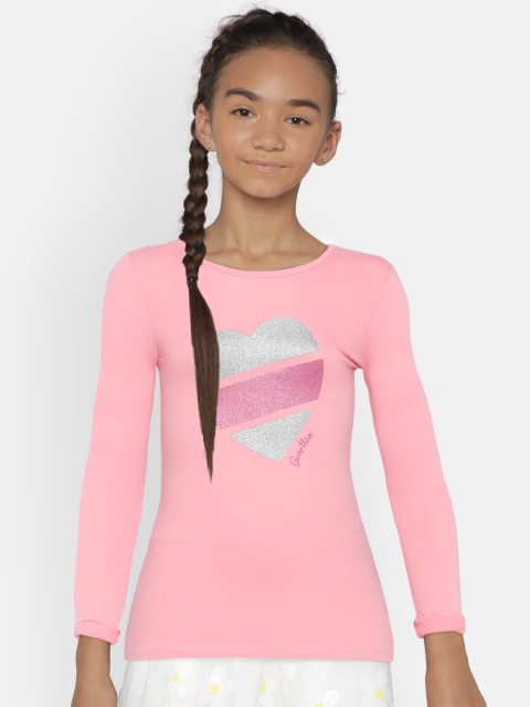 

United Colors of Benetton Girls Pink Glitter Print Round Neck T-shirt