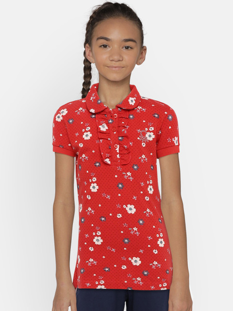 

United Colors of Benetton Girls Red Floral Print Polo Collar T-shirt