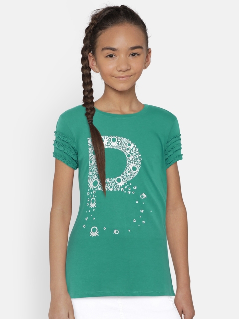 

United Colors of Benetton Girls Green Printed Top with Frill Detail