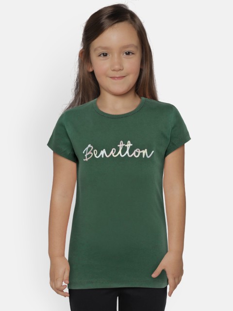 

United Colors of Benetton Girls Green Solid Round Neck T-shirt