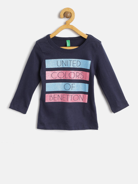 

United Colors of Benetton Girls Navy Blue Printed Round Neck T-shirt
