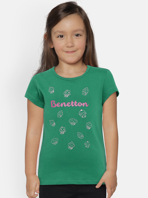 

United Colors of Benetton Girls Green Printed Round Neck T-shirt