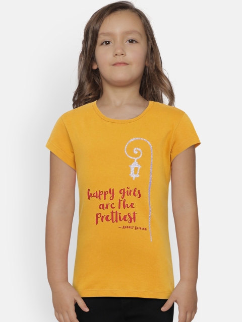 

United Colors of Benetton Girls Mustard Yellow Printed Round Neck T-Shirt