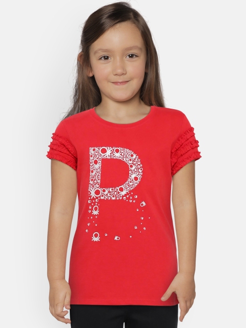 

United Colors of Benetton Girls Red Printed Pure Cotton Top with Frill Detail