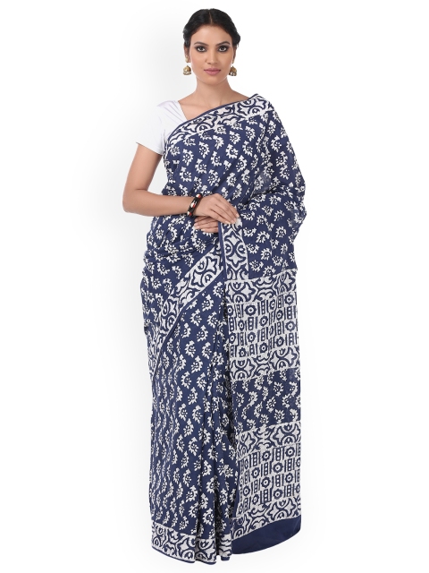 

Kalakari India Blue & White Pure Cotton Printed Bagh Sustainable Saree