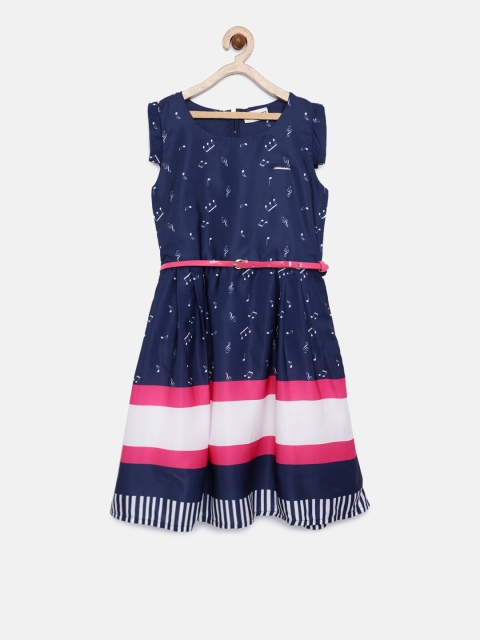 

Peppermint Girls Navy Blue Printed Fit and Flare Dress