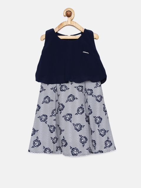 

Peppermint Girls Navy Blue Printed Blouson Dress