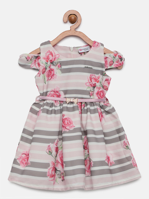 

Peppermint Girls Peach-Coloured & Grey Printed Fit and Flare Dress