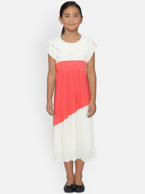 

Peppermint Girls Peach-Coloured & White Colourblocked Fit and Flare Dress