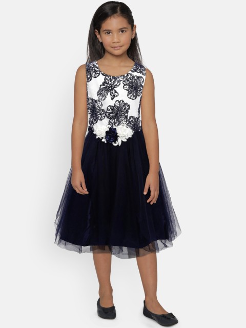 

Peppermint Girls Navy Blue Printed Fit and Flare Dress