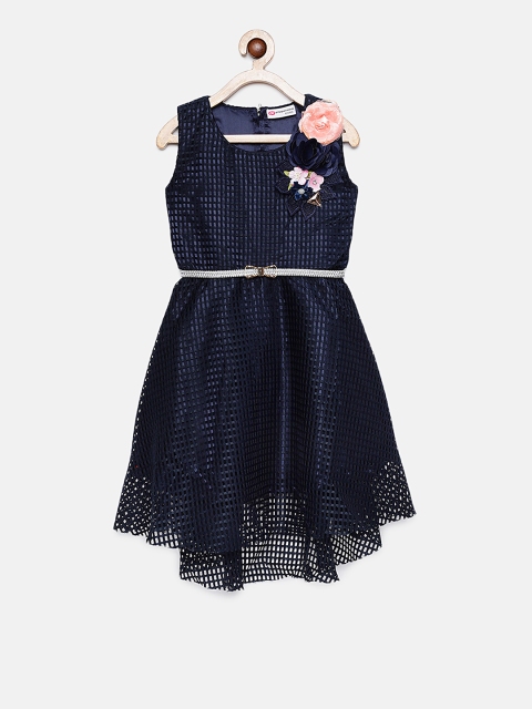 

Peppermint Girls Navy Blue Self Design Fit and Flare Dress