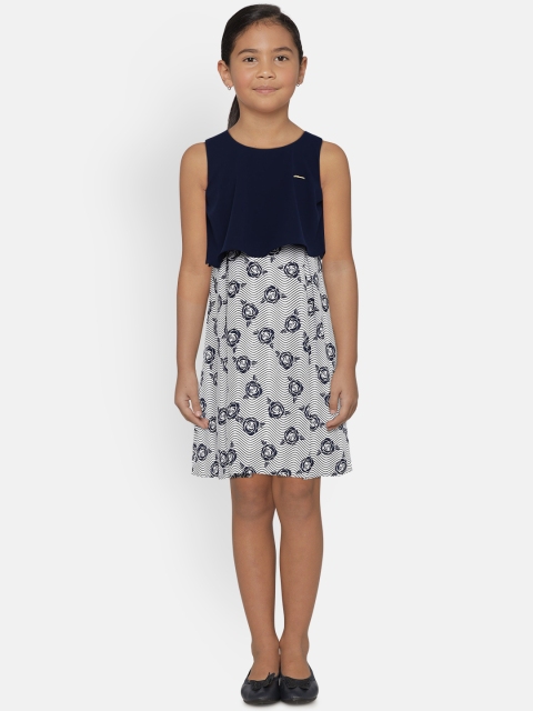 

Peppermint Girls Navy Blue Printed Fit and Flare Dress