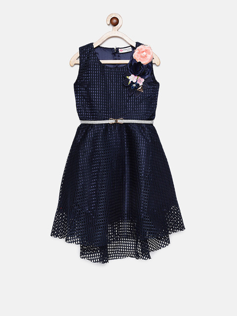 

Peppermint Girls Navy Blue Self Design Fit and Flare Dress