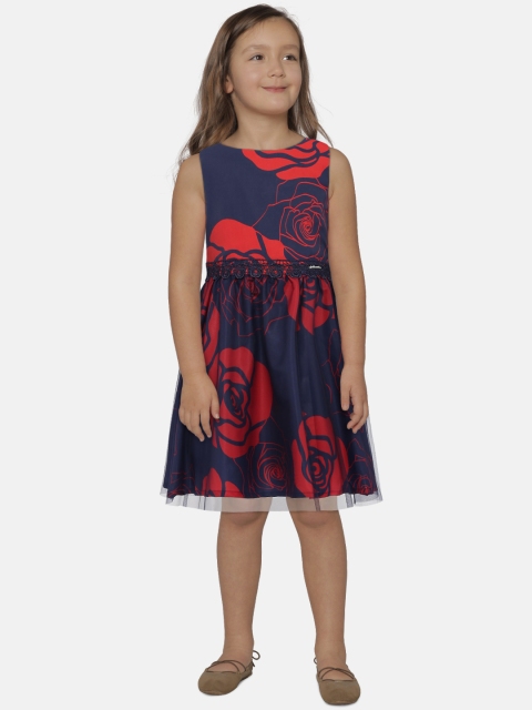 

Peppermint Girls Navy Blue & Red Printed Fit and Flare Dress